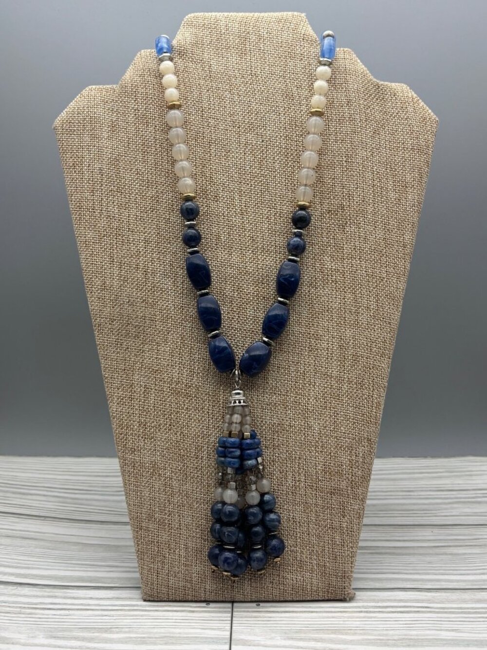 Chicos Shades of Blue Beaded Statement Necklace Tassel Accents Statement Coastal